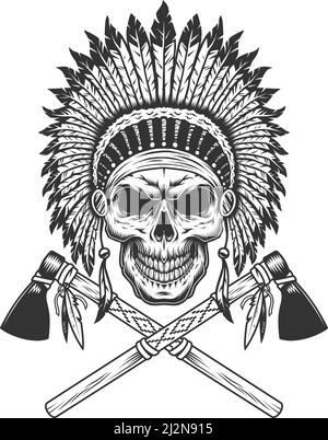 Crâne indien noir monochrome vintage avec plumes et couvre-tête croisé illustration vectorielle isolée de tomahawks Illustration de Vecteur