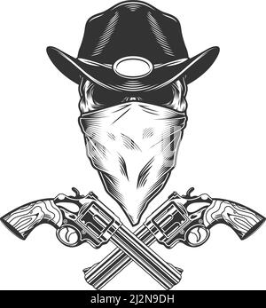 Vintage monochrome Wild West concept avec crâne de shérif et croisé illustration vectorielle isolée par pistolets Illustration de Vecteur