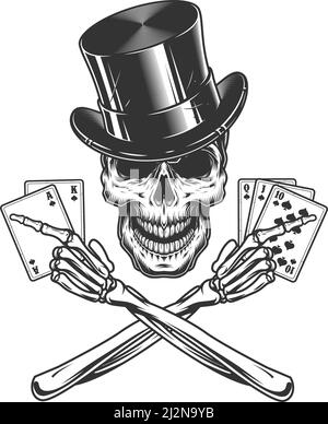 Crâne monochrome vintage en chapeau cylindrique et mains de squelette croisées illustration vectorielle isolée tenant des cartes à jouer Illustration de Vecteur