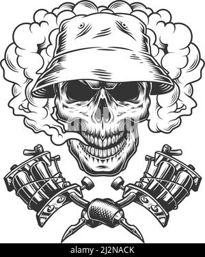 Crâne vintage au panama chapeau dans nuage de fumée avec croix illustration vectorielle isolée des machines de tatouage Illustration de Vecteur