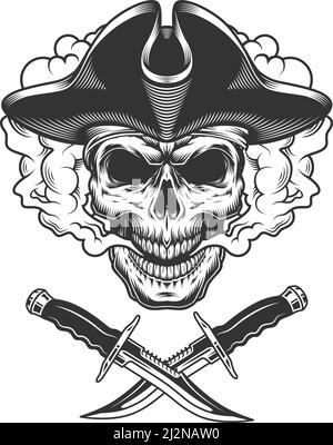 Crâne de pirate vintage dans un nuage de fumée avec des couteaux croisés isolés illustration vectorielle Illustration de Vecteur