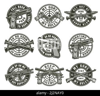 Des étiquettes militaires vintage avec pistolets à fusil d'assaut ont traversé des bazookas fusée lanceurs fusils fusils carabines et différentes vues de canon vecteur isolé Illustration de Vecteur