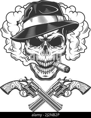 Crâne de gangster portant chapeau fedora dans nuage de fumée avec croix pistolets en illustration vectorielle isolée de style monochrome vintage Illustration de Vecteur