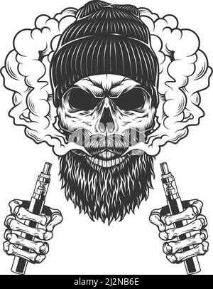 Crâne portant un bonnet beanie dans un nuage de fumée avec des mains de squelette tenue de cigarettes électroniques dans un style monochrome vintage illustration vectorielle isolée Illustration de Vecteur