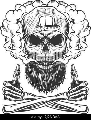 Crâne d'hippopotame barbu et moustiché portant une casquette dans un nuage de fumée et mains à squelette croisé tenant les vaporisateurs dans le style vintage isolé illustrateur vectoriel Illustration de Vecteur