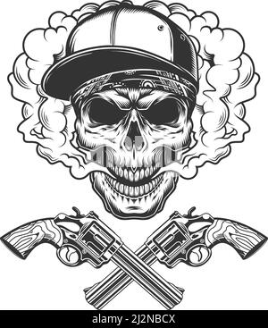 Crâne bandit monochrome vintage portant une casquette de baseball et un bandana nuage de fumée avec revolvers croisés illustration vectorielle isolée Illustration de Vecteur