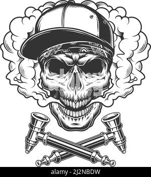 Crâne portant la casquette de baseball et le bandana dans nuage de fumée avec tubes à fumée croisés dans un style monochrome vintage, illustration vectorielle isolée Illustration de Vecteur