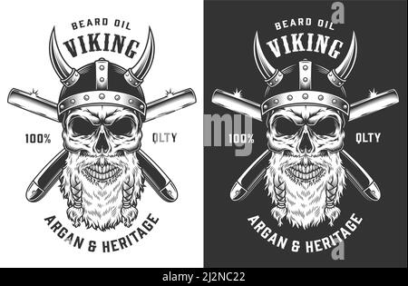 Étiquette de barbershop monochrome vintage avec crâne barbu dans un casque viking et une illustration vectorielle isolée à lames de rasoir croisées Illustration de Vecteur