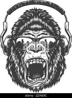 Gorilla avec écouteurs dans les lunettes. Illustration vectorielle. Illustration de Vecteur