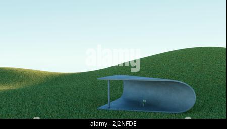 Chaise vide dans un champ ou un pré sur l'herbe verte. Ciel de coucher de soleil. Image surréaliste abstraite. Arrière-plan avec espace de copie. rendu 3d, illustration 3d. Banque D'Images