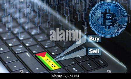 Clavier avec drapeau Sao Tomé-et-principe sur le bouton d'entrée avec hologramme de pièce de bitcoin et concept d'achat et de vente en ligne. Banque D'Images