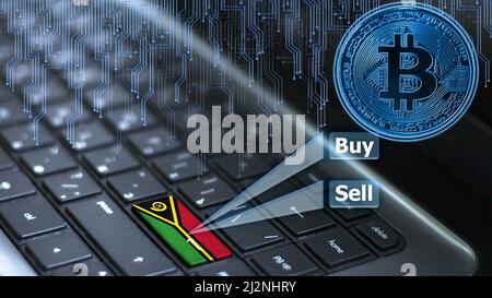 Clavier avec drapeau de Vanuatu sur le bouton d'entrée avec hologramme de pièce de bitcoin et concept d'achat et de vente en ligne. Banque D'Images