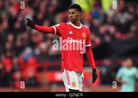 Marcus Rashford de Manchester United lors du match de la Premier League à Old Trafford, dans le Grand Manchester, au Royaume-Uni. Date de la photo: Samedi 2 avril 2022. Le crédit photo devrait se lire: Anthony Devlin Banque D'Images