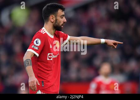 Bruno Fernandes de Manchester United lors du match de la Premier League à Old Trafford, Grand Manchester, Royaume-Uni. Date de la photo: Samedi 2 avril 2022. Le crédit photo devrait se lire: Anthony Devlin Banque D'Images