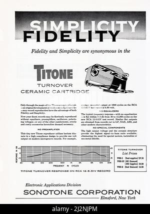 D'un magazine hi-fi 1954 de musique, d'audiophile, d'une publicité pour cartouches en céramique Titone pour phonographes, Banque D'Images