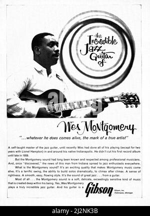 Une publicité pour les guitares Gibson mettant en vedette la légende du jazz, Wes Montgomery. D'un magazine de musique américain de 1964. Banque D'Images