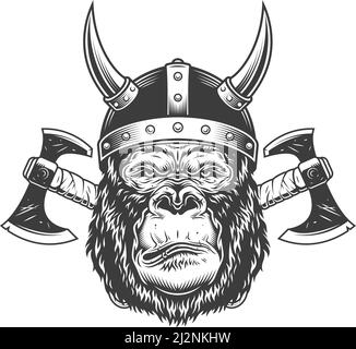Vintage monochrome sérieux tête de gorille dans le casque viking à corned avec illustration de vecteur isolé à axes croisés Illustration de Vecteur