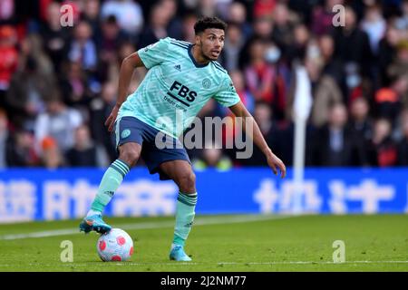 James Justin de Leicester City pendant le match de la Premier League à Old Trafford, Greater Manchester, Royaume-Uni. Date de la photo: Samedi 2 avril 2022. Le crédit photo devrait se lire: Anthony Devlin Banque D'Images