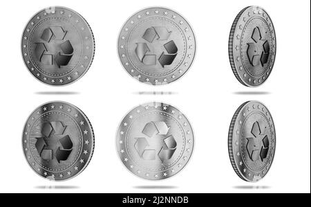 Recyclage, écologie, e-déchets et circulation de l'argent pièce d'or isolée sur fond d'écran vert. Résumé concept 3D illustration. Banque D'Images