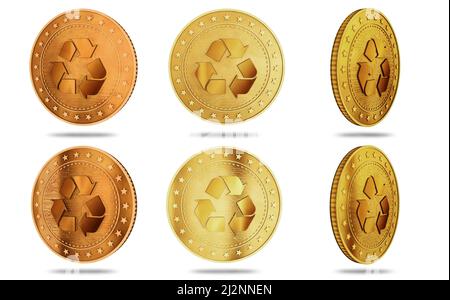 Recyclage, écologie, e-déchets et circulation de l'argent pièce d'or isolée sur fond d'écran vert. Résumé concept 3D illustration. Banque D'Images