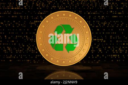 Recyclage, écologie, e-déchets et circulation de monnaie pièce d'or sur fond vert. Résumé concept 3D illustration. Banque D'Images