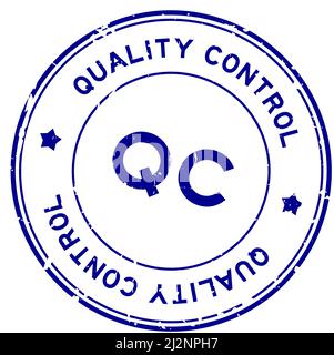 Grunge bleu mot de contrôle qualité QC rond joint caoutchouc cachet sur fond blanc Illustration de Vecteur