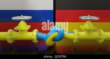 Conflit gazier entre l'Allemagne et la Russie concept. Conduite de carburant avec un nœud sur fond de drapeau allemand et russe. 3d rendu Banque D'Images