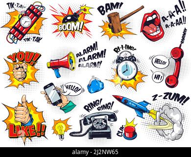 Composition d'éléments lumineux de bande dessinée avec des bulles de parole qui libellés des effets de demi-teinte dynamite réveil bouton gavel bombe téléphone lèvres fusée main gestes Illustration de Vecteur
