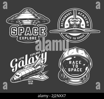 Badges d'espace monochromes vintage avec navettes Alien Spacehip et illustration du vecteur isolé du casque cosmonaute Illustration de Vecteur