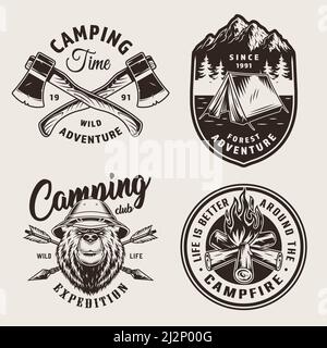 Logos de camping monochrome vintage avec tente montagnes tête dedans safari chapeau feu de joie a traversé des flèches et des axes touristiques vecteur isolé illustration Illustration de Vecteur