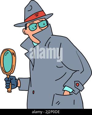 Détective et loupe verre. Détective privé, homme dans un manteau, chapeau et lunettes Illustration de Vecteur