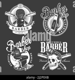 Logos vintage barbershop avec brosse à rasage chaise de coiffure cheveux électriques rasoirs clipper élégant motif vectoriel isolé de crâne d'hippopotame Illustration de Vecteur