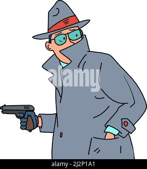 Détective avec une arme dans ses mains. Détective privé, homme sous un manteau, un chapeau et des lunettes Illustration de Vecteur