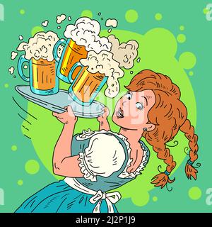 La fille dépose la bière. Une serveuse avec une bière, en vêtements nationaux. Fête de l'Oktoberfest, restaurant pub taverne Illustration de Vecteur