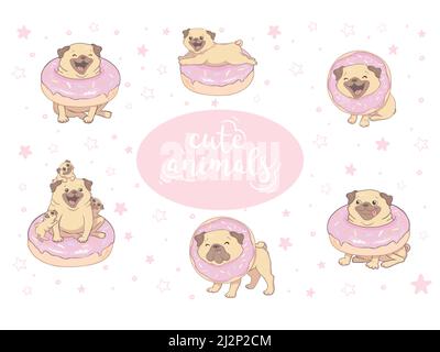 Ensemble de vecteurs plats de chiot en forme de chiot dans différentes poses. Chien mignon avec un pelage beige court, un museau froissé et une queue courue. Animal domestique Illustration de Vecteur