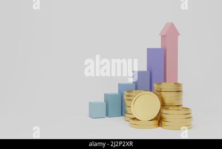 Étape d'escalier vers le succès de croissance et graphique à barres avec la pile de pièces d'or. Croissance, finance, graphique et concept d'entreprise d'investissement. 3d rendu de l'illustration. Banque D'Images