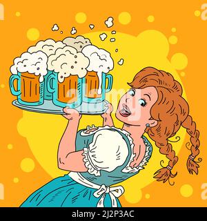 une serveuse avec une bière, en vêtements nationaux. Fête de l'Oktoberfest, restaurant pub taverne Illustration de Vecteur