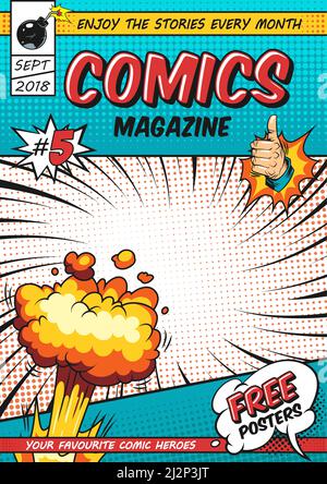 Modèle d'affiche BD avec bulles de voix en rafale rayons torsadés demi-ton humour effets pouce vers le haut mouvement de la main bombe illustration du vecteur Illustration de Vecteur