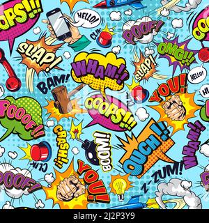 Bande dessinée colorée sans couture avec des bulles de voix vives qui se moque d'une bombe téléphone gavel vol fusée ampoule gestes main illustration vectorielle Illustration de Vecteur