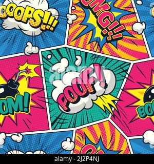 Bande dessinée colorée sans couture avec des bulles de parole qui se forment des nuages de fumée illustration du vecteur d'effets radiaux des rayons demi-ton Illustration de Vecteur