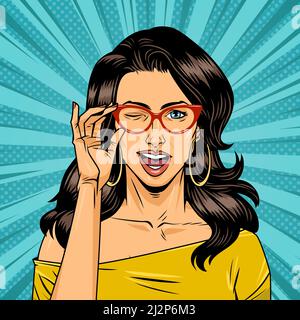 Comique wenking femme attrayante avec des lunettes rouges et des cheveux noirs sur l'illustration du vecteur d'arrière-plan turquoise radial Illustration de Vecteur