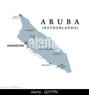 Aruba, carte politique grise. Île dans les Antilles Leeward dans la mer des Caraïbes. Pays constituant le Royaume des pays-Bas, capitale Oranjestad. Banque D'Images