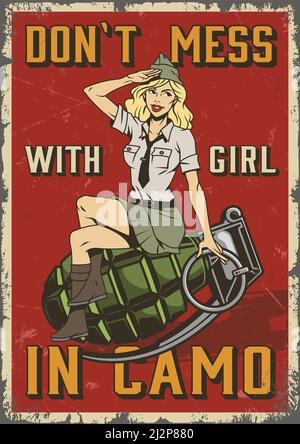 Affiche militaire rétro colorée avec blond soldat salant à épingler femme assise sur une grenade dans une illustration vectorielle de style vintage Illustration de Vecteur
