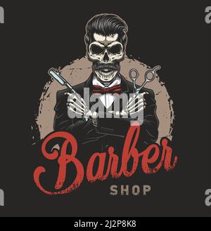 Logotype vintage de barbershop avec squelette de gentleman dans le rasoir de maintien de tuxedo et illustration vectorielle isolée par ciseaux Illustration de Vecteur