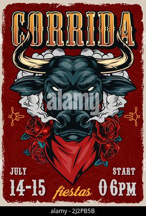 Corrida affiche ancienne et colorée avec des roses et un taureau rouge féroce illustration de la tête dans le vecteur du foulard Illustration de Vecteur