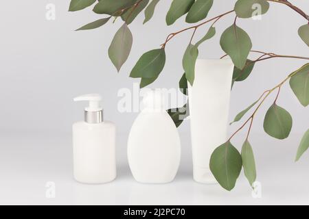 Maquette de produits de beauté naturels. Flacons cosmétiques blancs avec feuilles vertes sur fond neutre clair. Image douce et mise au point douce. Organique c Banque D'Images