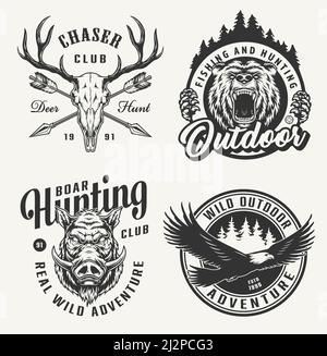Emblèmes de chasse vintage avec ours en crâne et sanglier les têtes de l'aigle volant ont traversé des flèches et ont isolé l'illustration du vecteur Illustration de Vecteur