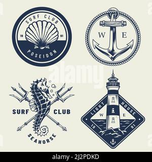 Ensembles d'emblèmes de mer monochromes d'époque avec hippocampe d'ancre de mer croisé poseidon tridents phare illustration vectorielle isolée Illustration de Vecteur