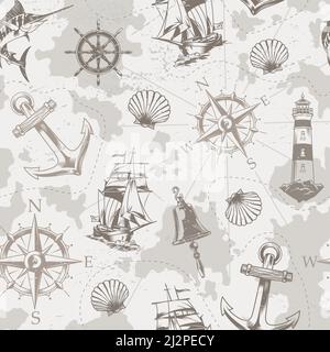 Motif marin et marin vintage sans coutures avec roue de navire marlin seashell compas de navigation ancre phare dans le style monochrome vecteur illustration Illustration de Vecteur