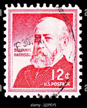 MOSCOU, RUSSIE - 13 MARS 2022: Timbre-poste imprimé aux États-Unis montre Benjamin Harrison (1833-1901), 23rd Président des États-Unis, Liberty ISS Banque D'Images